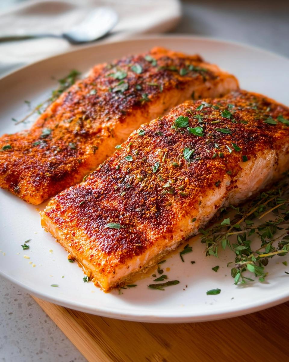 Two perfectly baked salmon fillets seasoned with spices and herbs, part of The Ultimate Salmon Recipes Guide for Beginners.
