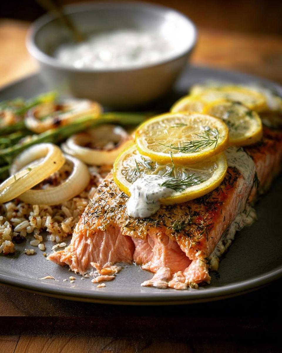 A perfectly baked salmon fillet topped with lemon slices and dill, served with rice and vegetables. One of 20 Genius Salmon Recipes.