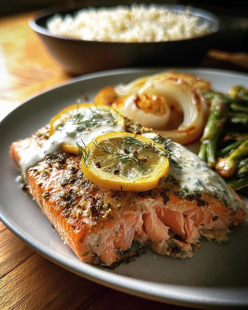 A perfectly baked salmon fillet topped with lemon slices and dill, served with roasted onions and asparagus.