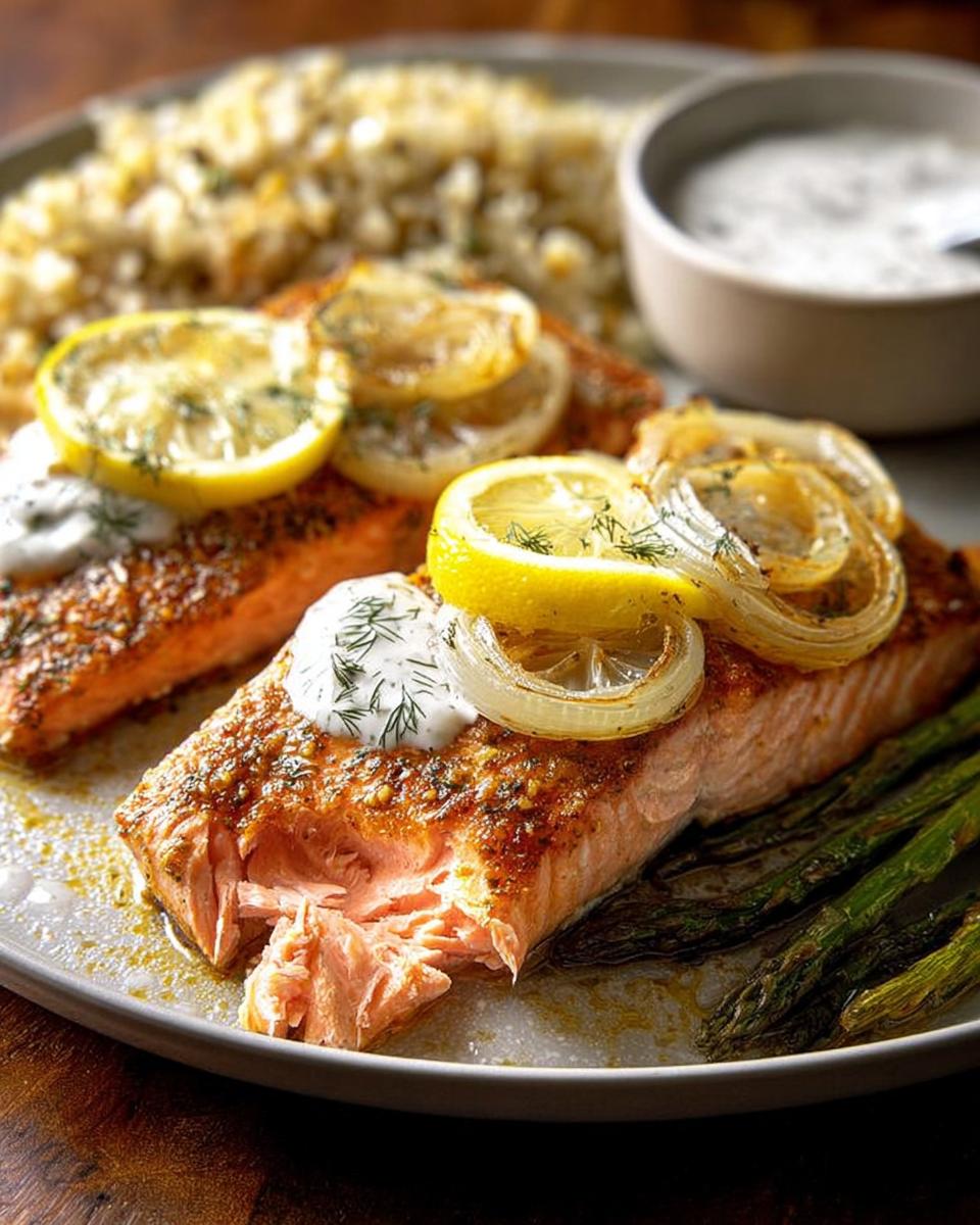 Close-up of baked salmon fillets topped with lemon slices and herbs, served with asparagus and rice.