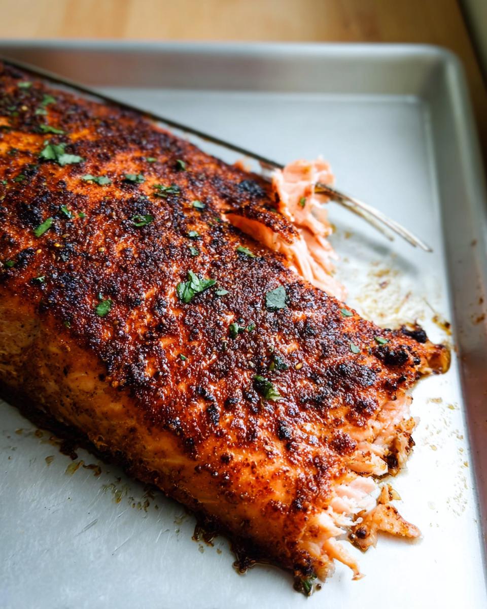 A fork flaking apart a perfectly baked salmon fillet with a crispy, seasoned crust, showcasing delicious salmon recipes.