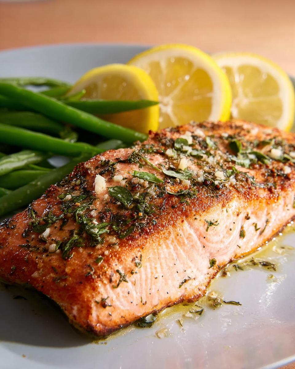 A perfectly baked salmon fillet seasoned with herbs and garlic, served with green beans and lemon slices.
