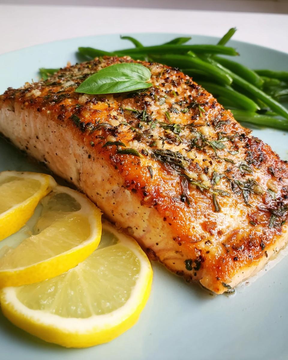 A perfectly baked salmon fillet seasoned with herbs and lemon, served with green beans and lemon slices.