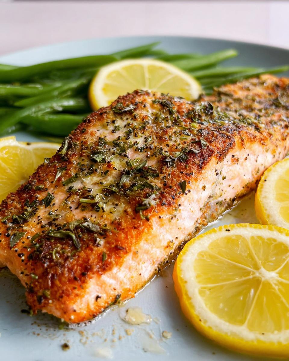 A perfectly baked salmon fillet seasoned with herbs and spices, served with lemon slices and green beans.