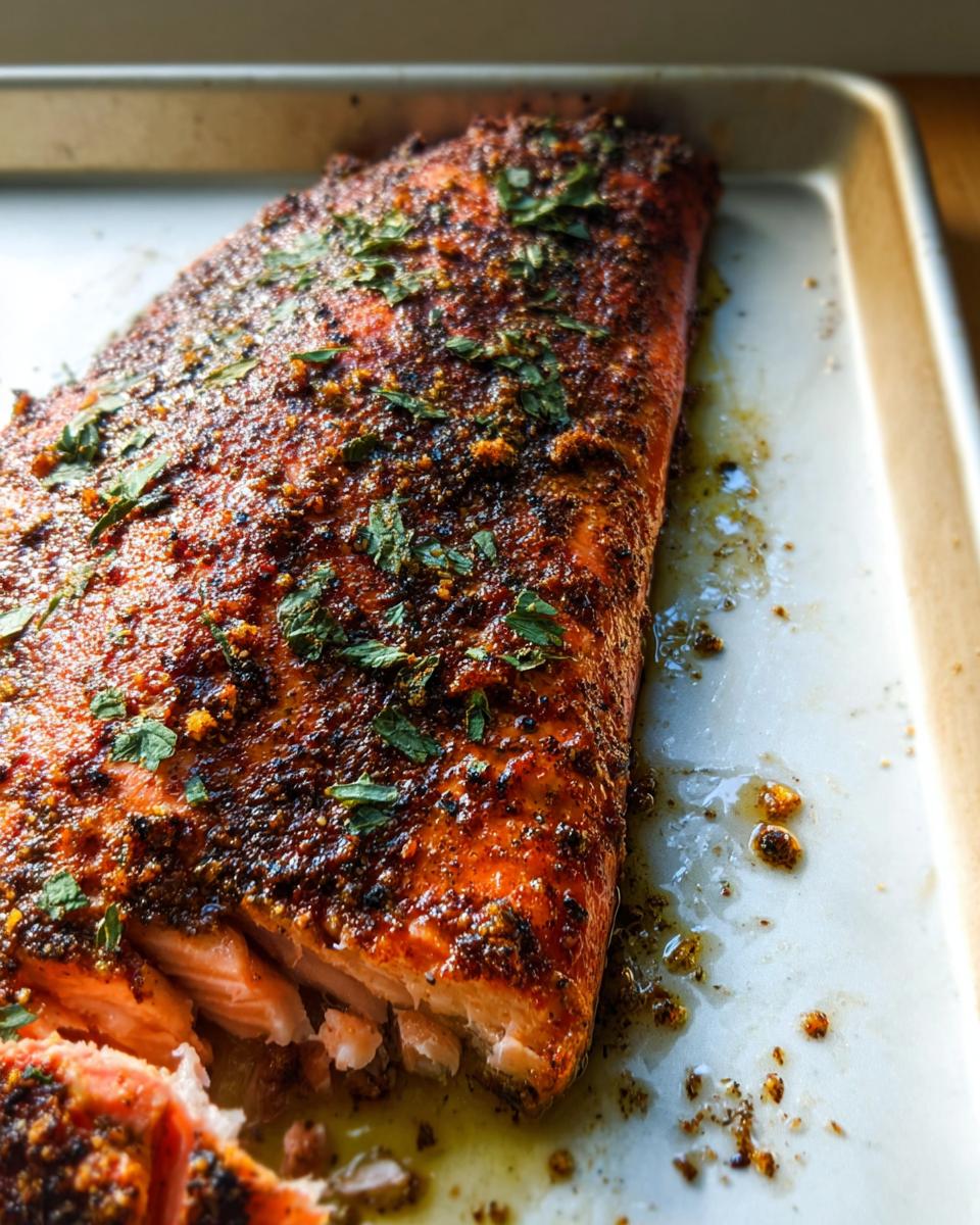 A close-up of a perfectly baked salmon fillet with a seasoned crust and fresh herbs, ready for a salmon recipe.