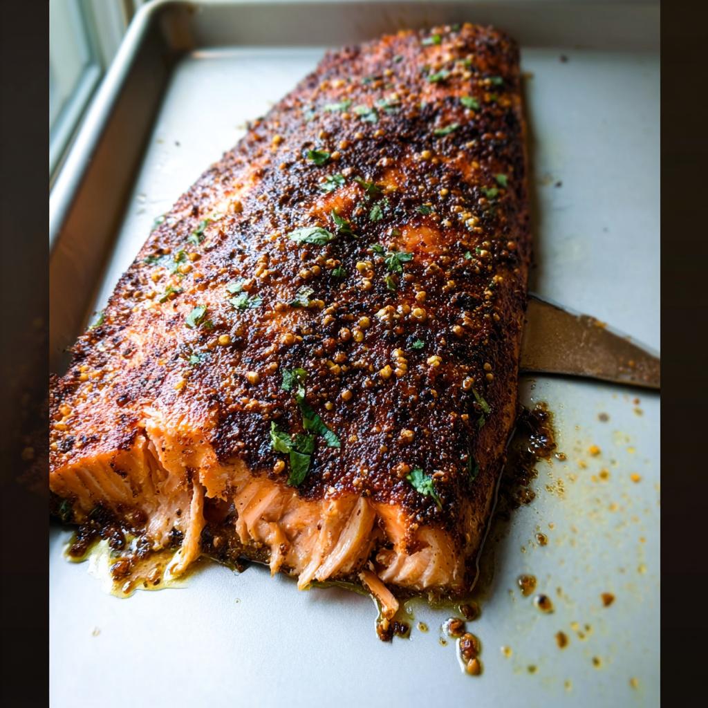 A whole fillet of baked salmon with a dark spice rub and fresh herbs, ready for a salmon recipe.