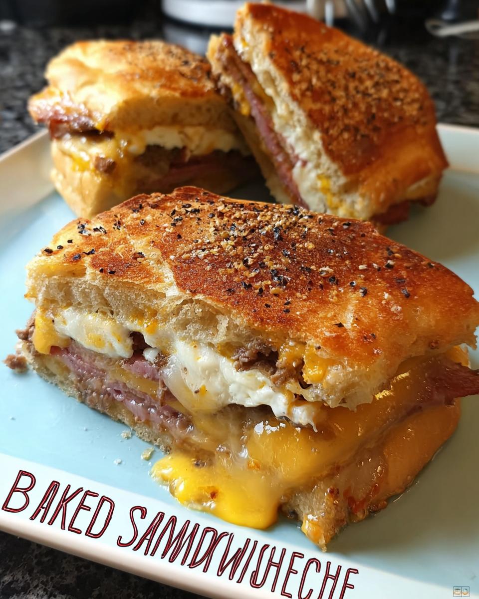 Close-up of a baked sandwich with melted cheese, ham, and egg, part of a collection of sandwich ideas recipes.