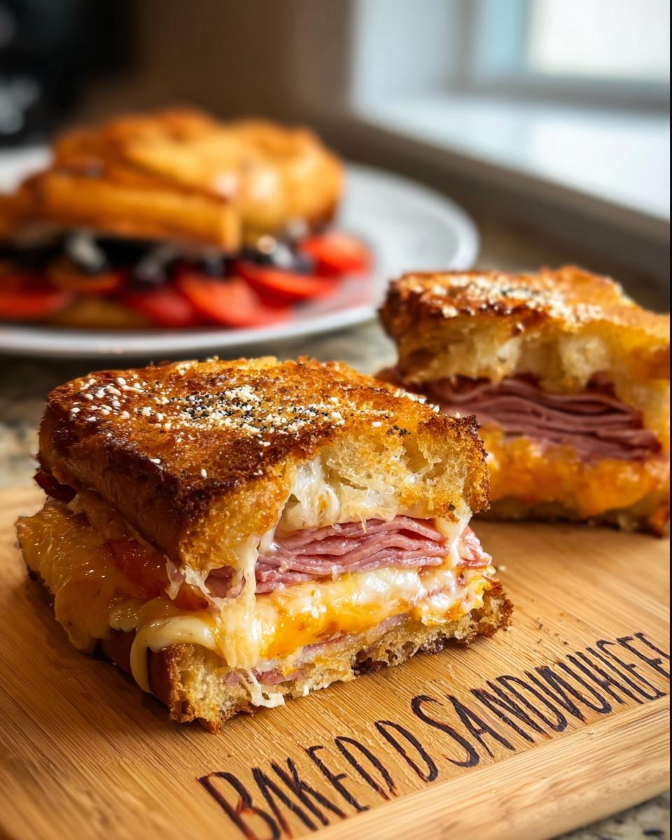 Close-up of a delicious baked sandwich recipe with melted cheese and ham, sprinkled with sesame seeds.
