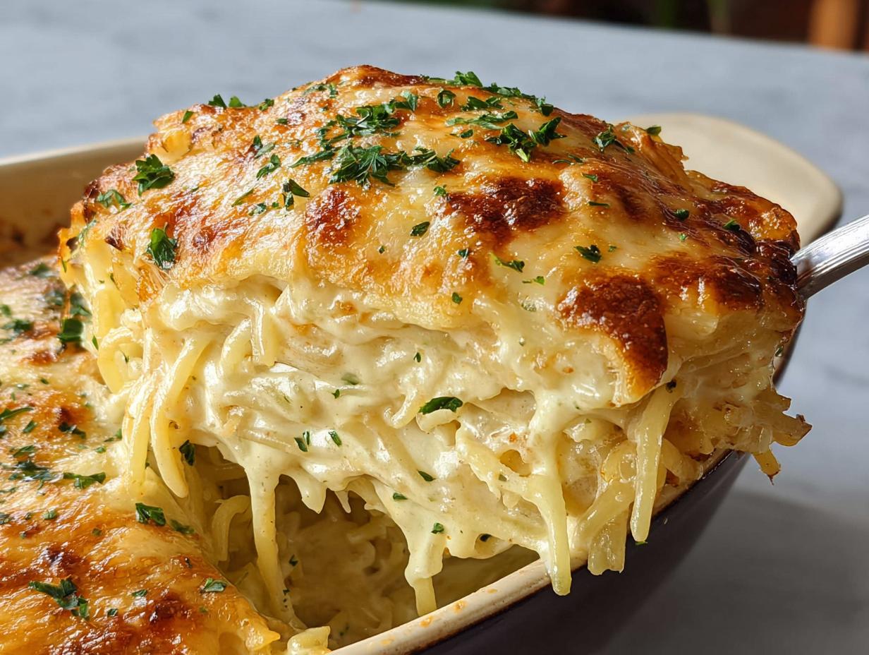A close-up of a fork lifting a serving of cheesy baked spaghetti casserole, topped with melted golden cheese and parsley.