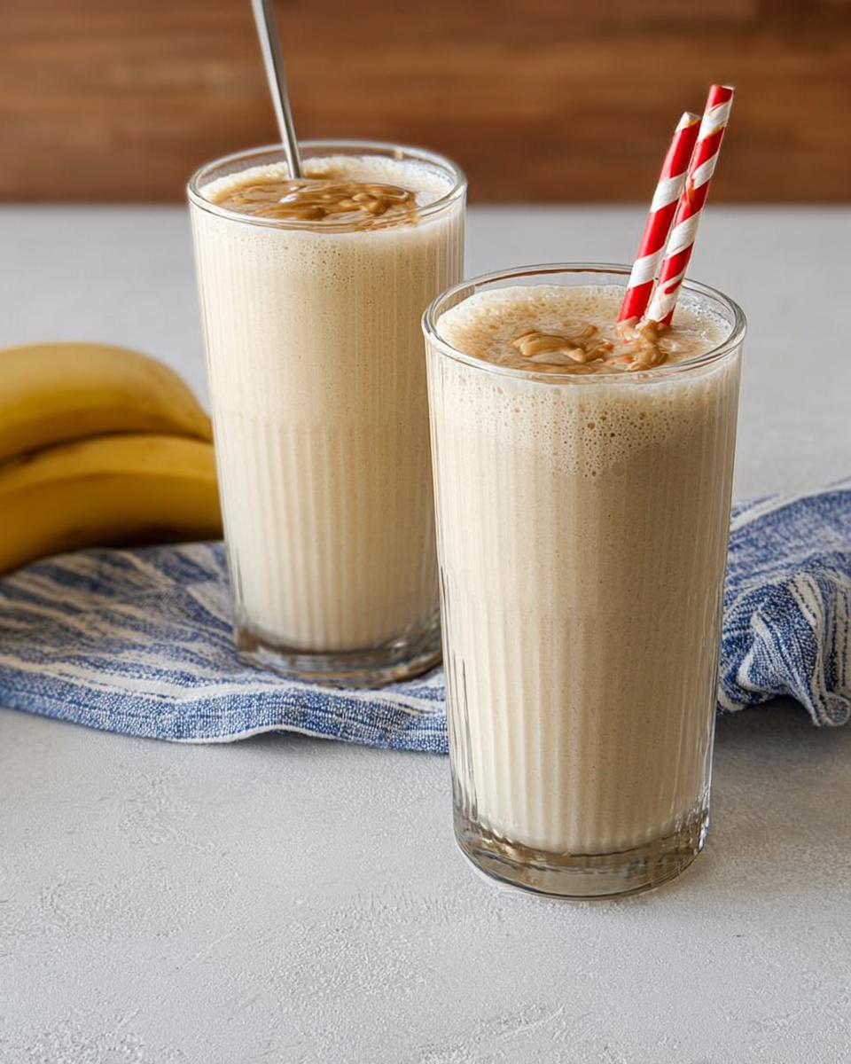Two tall glasses of banana peanut butter smoothie, topped with peanut butter swirl, with bananas in the background. Part of The Ultimate Breakfast Ideas Recipes Guide for Beginners.