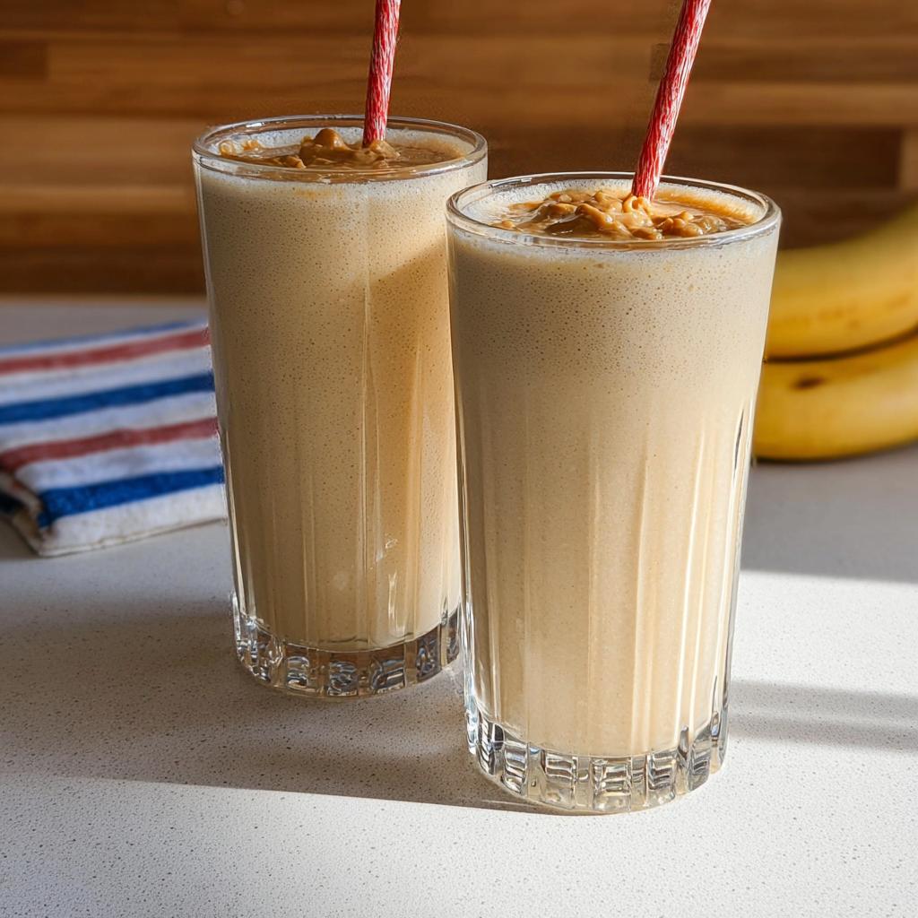 Two tall glasses filled with creamy banana peanut butter smoothie, topped with a swirl of peanut butter, perfect for beginner breakfast ideas.