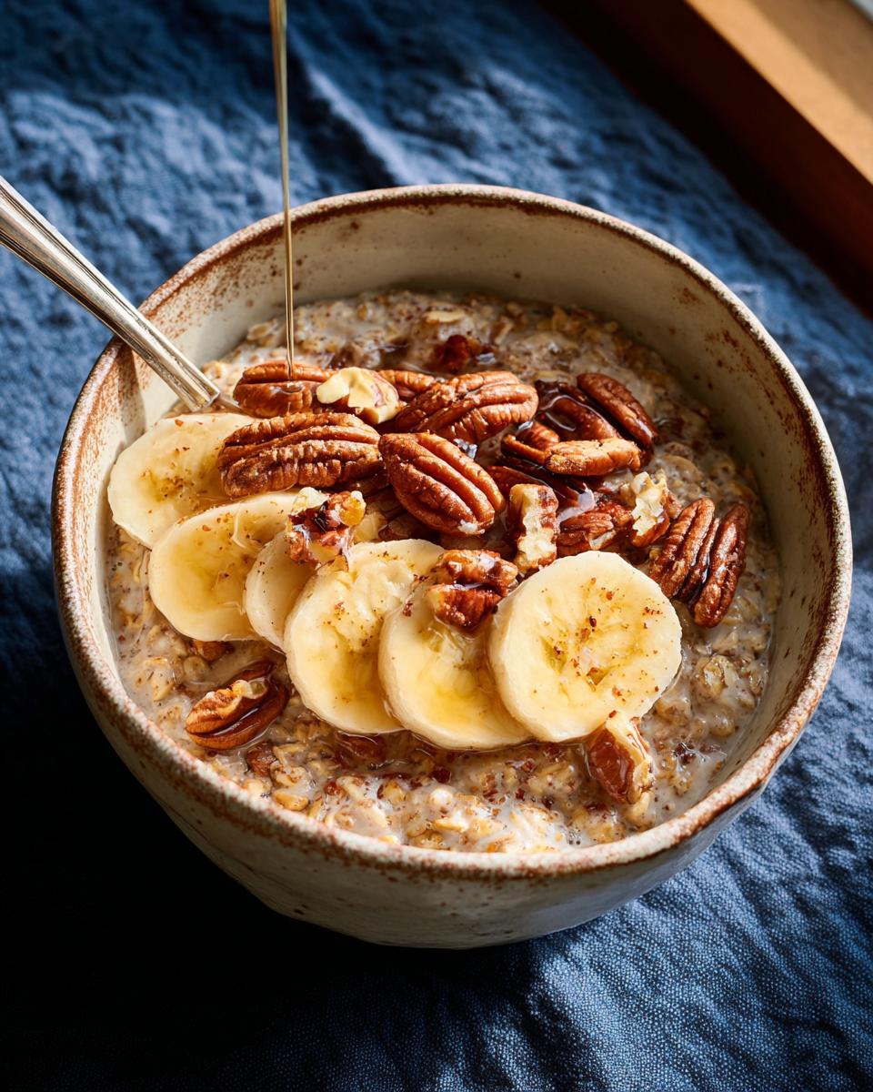 A bowl of oatmeal topped with sliced bananas, pecans, and drizzled with syrup, perfect for busy weeknights.