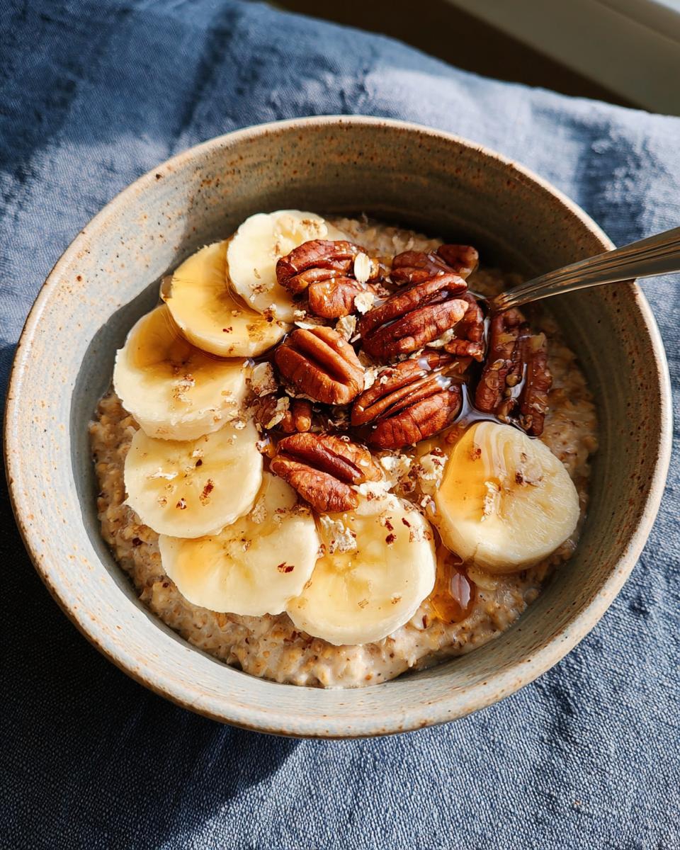 A bowl of oatmeal topped with banana slices, pecans, and drizzled with syrup, perfect for breakfast ideas for busy weeknights.