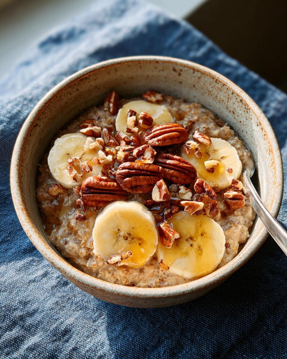A bowl of oatmeal topped with banana slices, pecans, and a drizzle of honey, perfect for one of our 12 genius breakfast ideas.