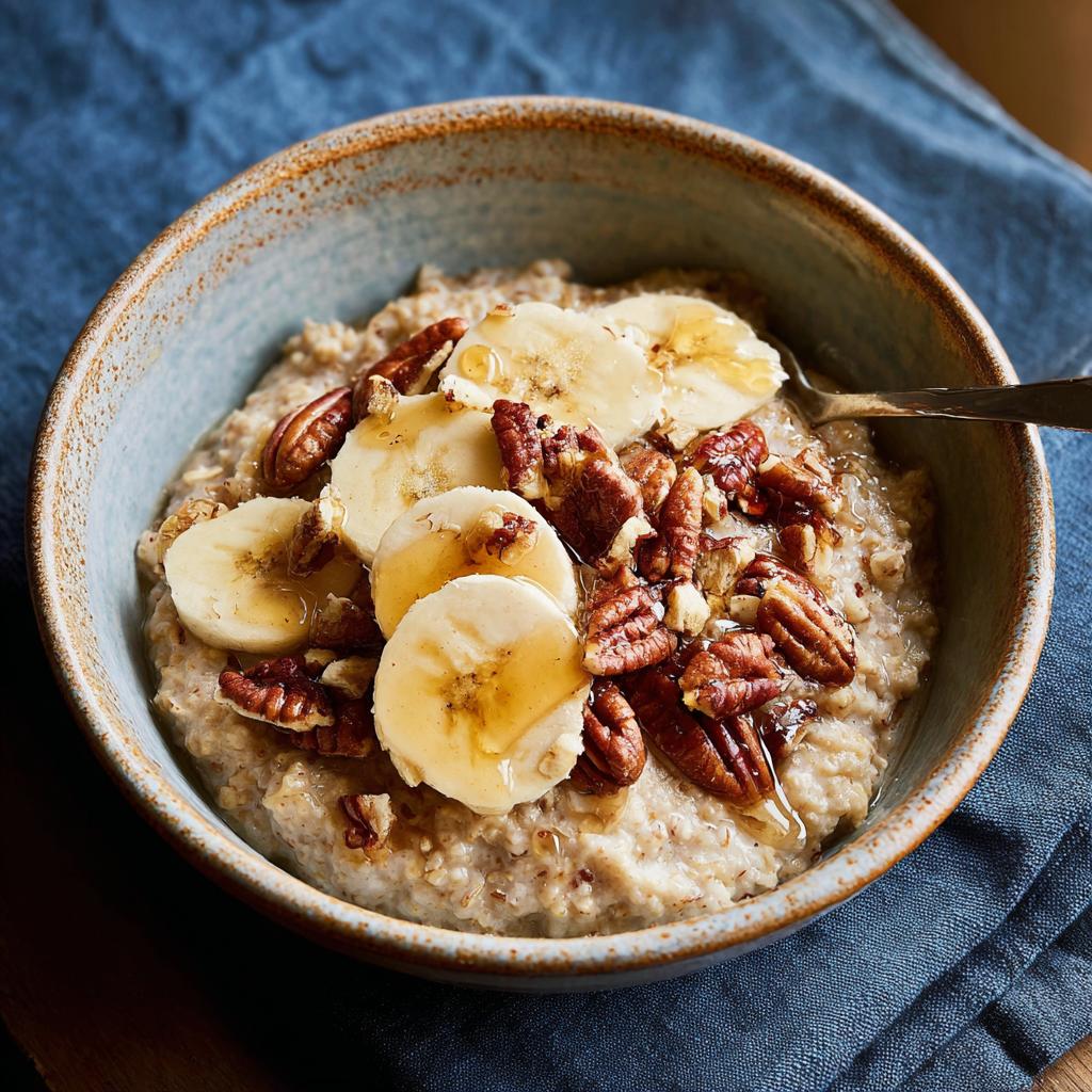 A bowl of oatmeal topped with sliced bananas, pecans, and drizzled with honey, perfect for breakfast ideas for busy weeknights.
