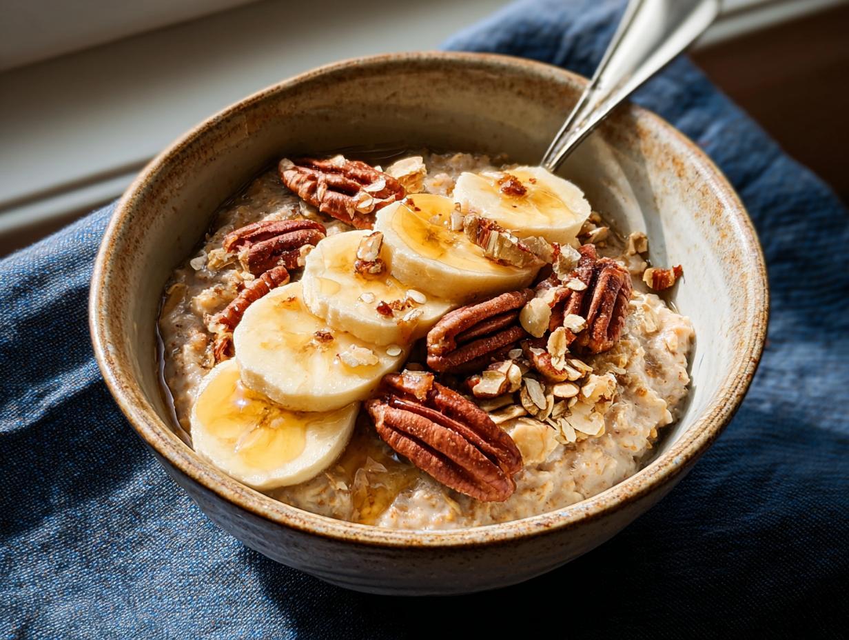 A bowl of oatmeal topped with banana slices, pecans, and honey, perfect for busy weeknights.