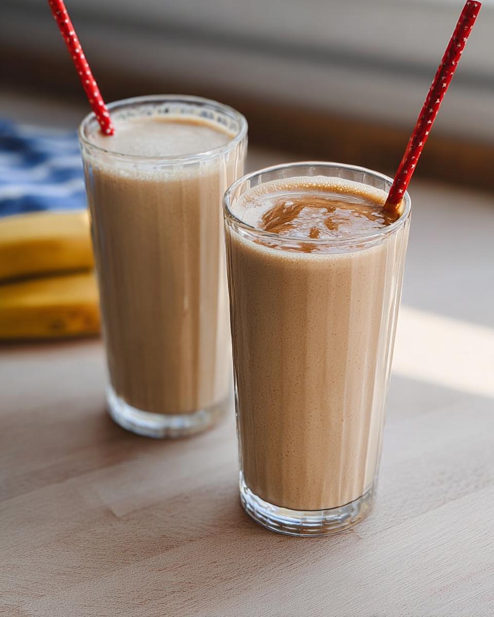 Two glasses of creamy banana smoothies with red striped straws, part of easy breakfast ideas for beginners.