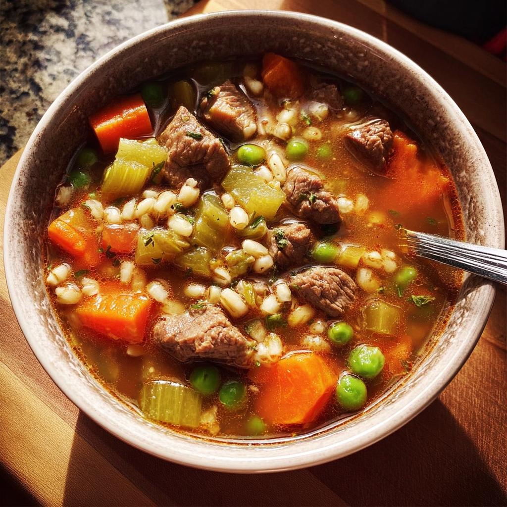 A close-up of a bowl of hearty beef and barley soup, packed with chunks of beef, carrots, celery, and peas, perfect for soup recipes meal prep.