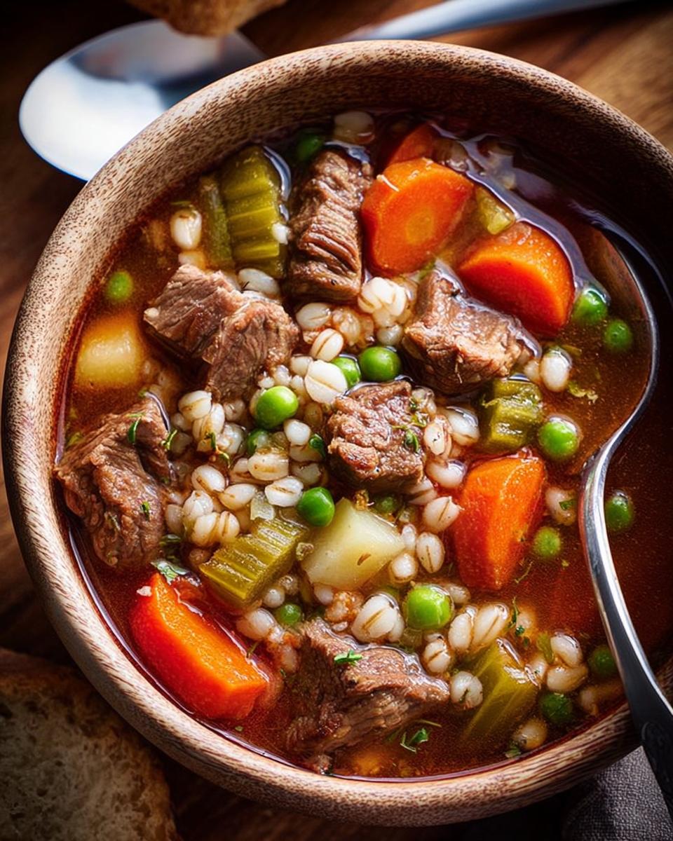 Close-up of a bowl of hearty beef barley soup, packed with tender beef chunks, carrots, peas, and barley, perfect for soup recipes meal prep.
