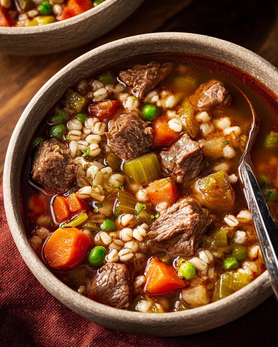 A close-up bowl of beef barley soup, packed with tender beef chunks, carrots, peas, and celery, perfect for soup recipes meal prep.
