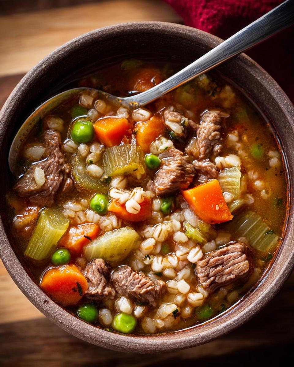 A close-up of a bowl of hearty beef and barley soup, featuring tender beef chunks, carrots, celery, peas, and barley.