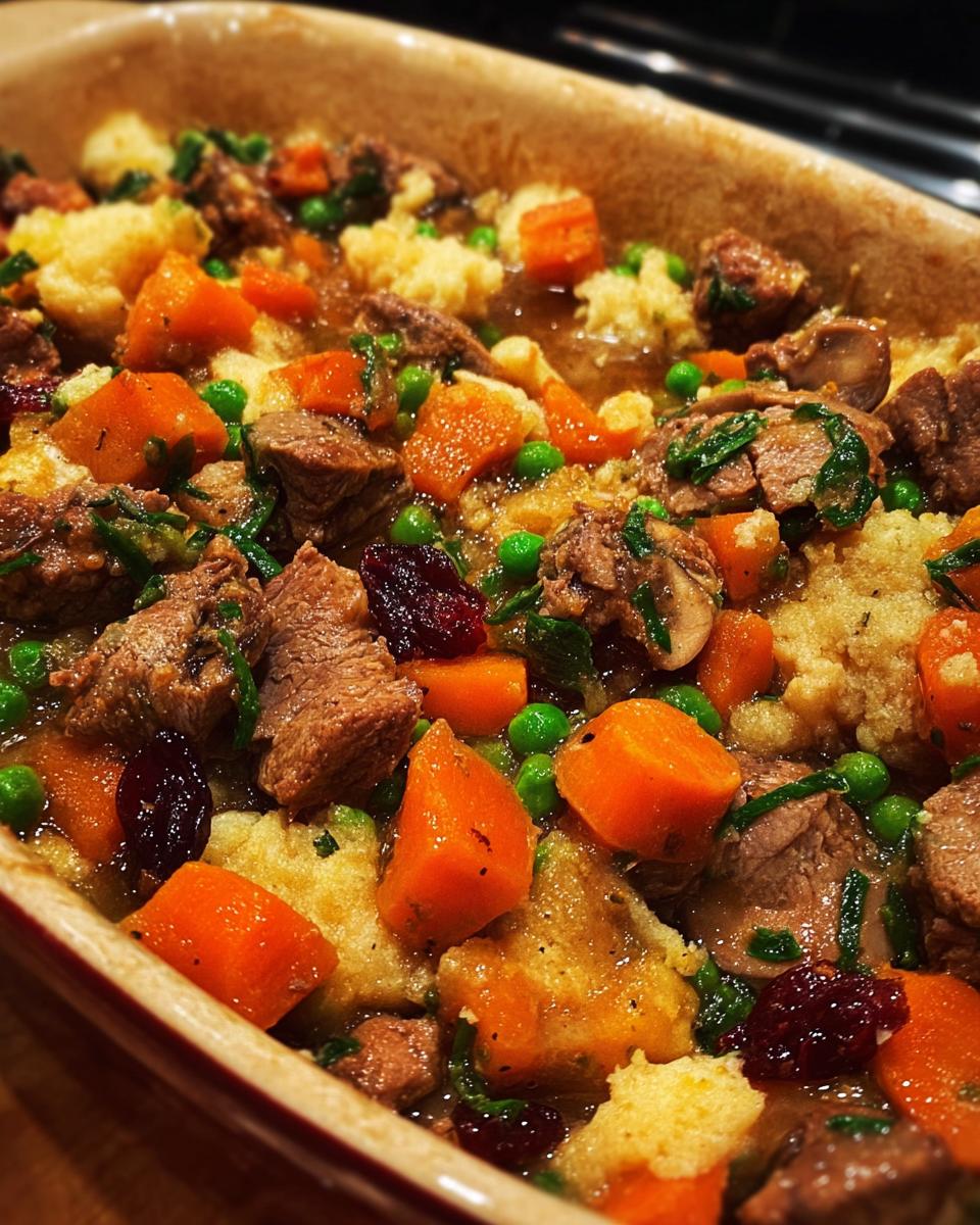 Close-up of a hearty beef stew with carrots, peas, and dumplings, perfect for stuffing recipes.