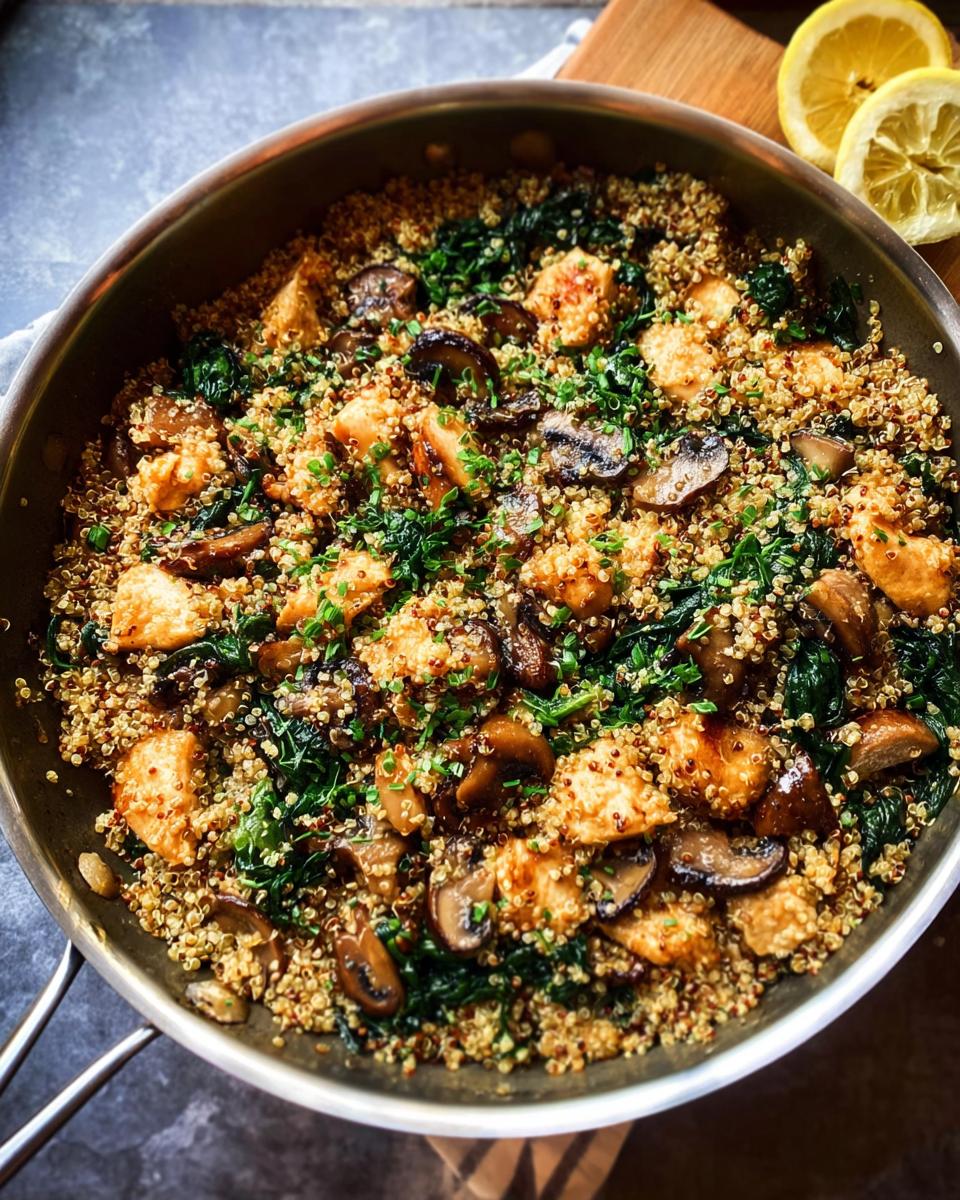 A healthy skillet dish featuring chicken, quinoa, mushrooms, and spinach, perfect for beginner chicken recipes.
