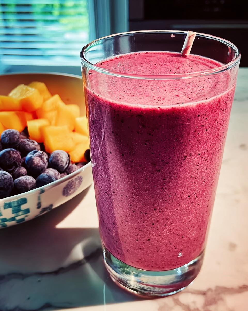 A tall glass of vibrant purple berry smoothie, with a bowl of blueberries and diced mango in the background. A perfect breakfast idea.