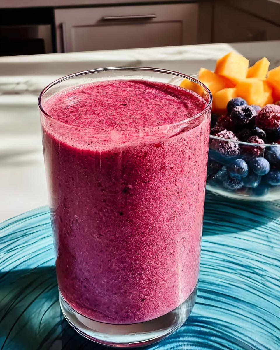 A vibrant berry smoothie in a glass, with a bowl of blueberries and cantaloupe in the background. A great breakfast idea.