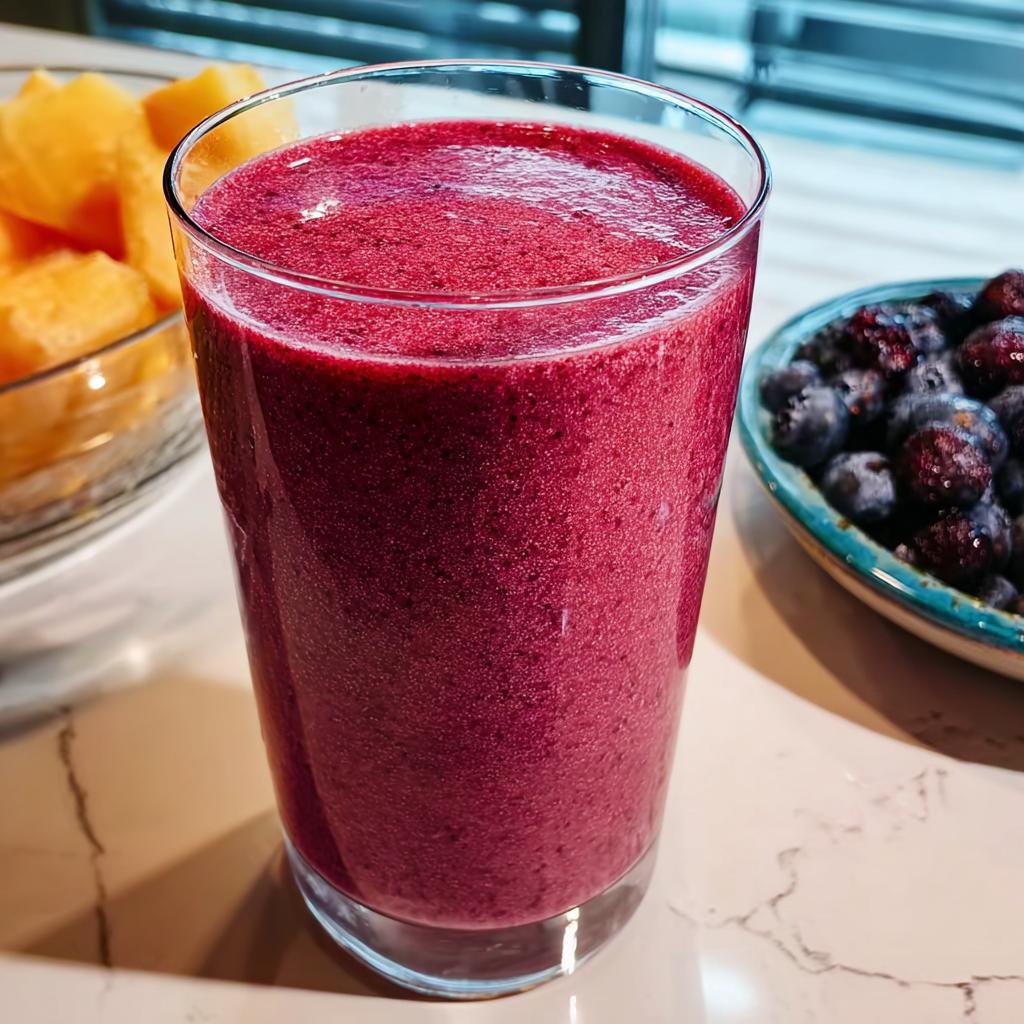 A vibrant berry smoothie in a glass, with fresh blueberries and cantaloupe in bowls nearby. Perfect for breakfast ideas recipes.