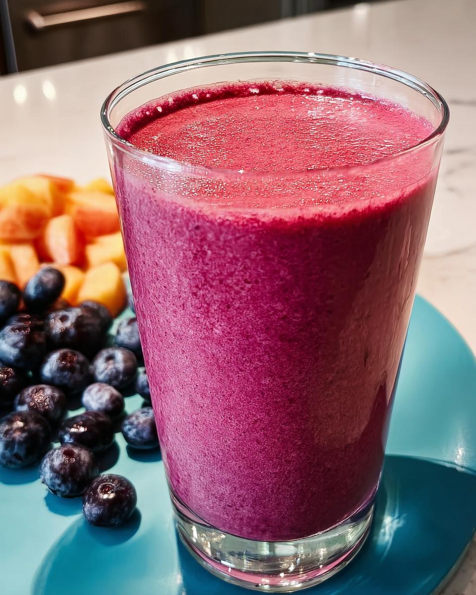 A vibrant purple berry smoothie in a glass, served with fresh blueberries and chopped peaches on a blue plate, perfect for breakfast ideas.