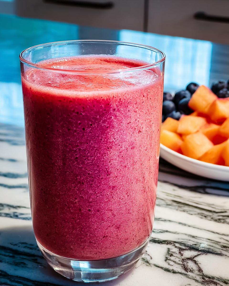 A tall glass of vibrant pink berry smoothie, perfect for breakfast ideas, with a bowl of cantaloupe and blueberries in the background.