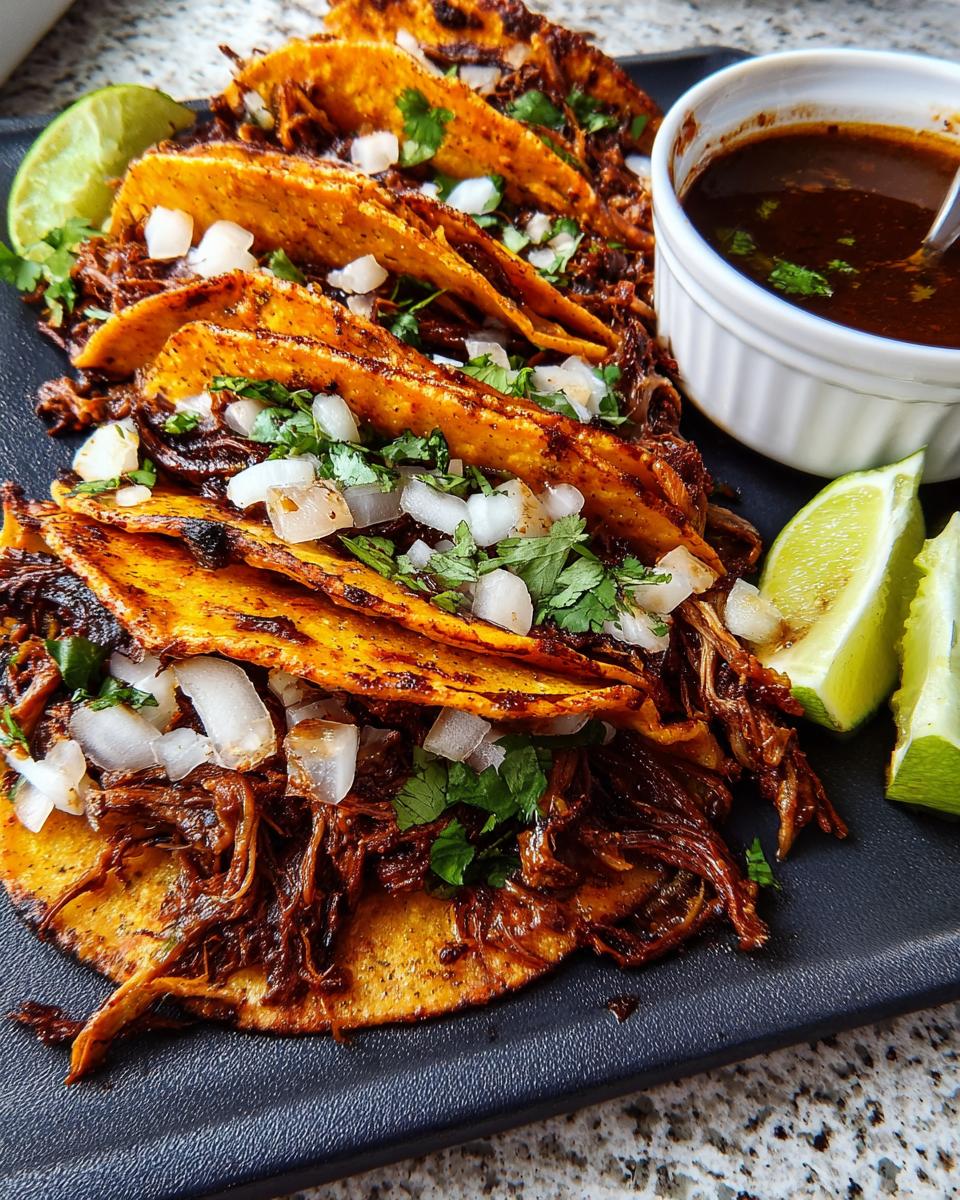 A plate of delicious birria tacos, topped with onions and cilantro, served with lime wedges and consommé for dipping.