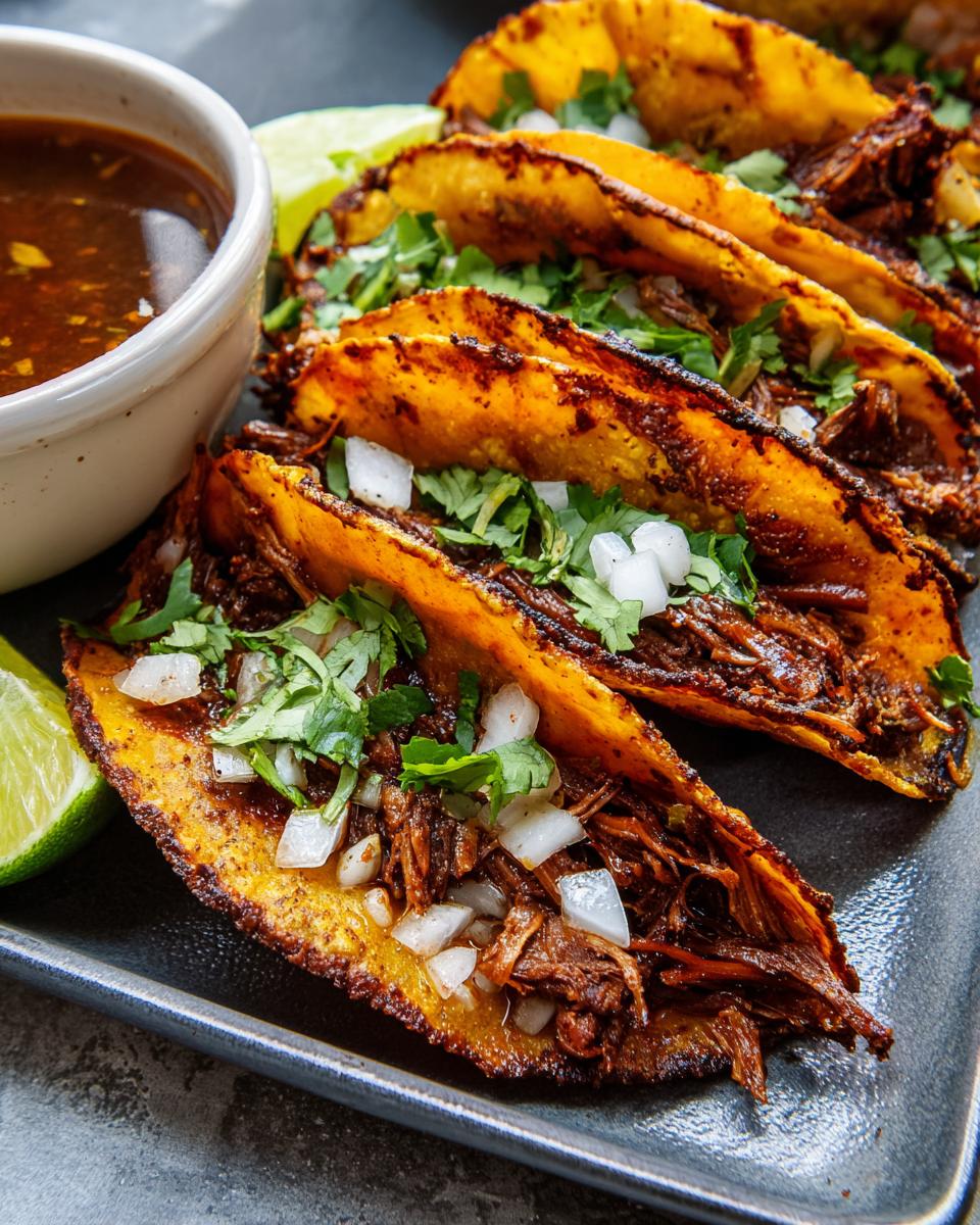 Close-up of authentic Birria tacos filled with shredded meat, topped with onions and cilantro, served with consommé.