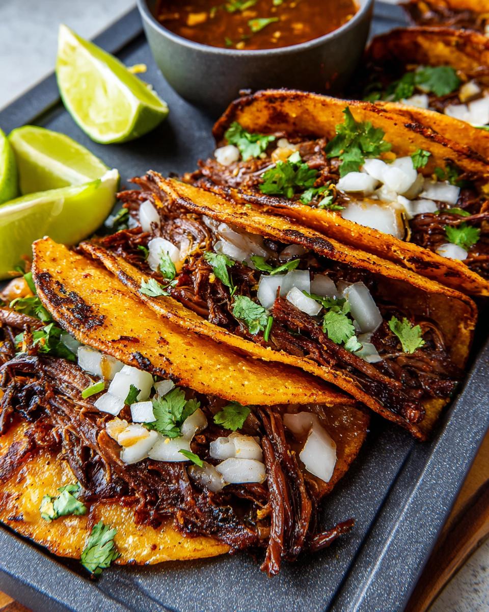 Close-up of homemade Birria Tacos, filled with shredded beef and topped with onions and cilantro, served with lime wedges and consommé.