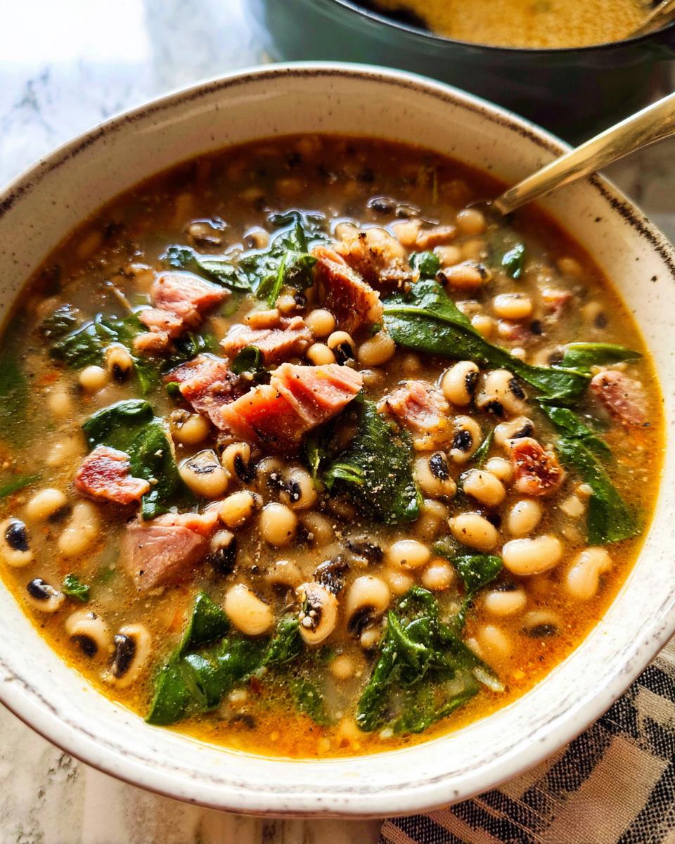 A close-up bowl of hearty black-eyed pea soup with chunks of ham and wilted greens, perfect for beginners.