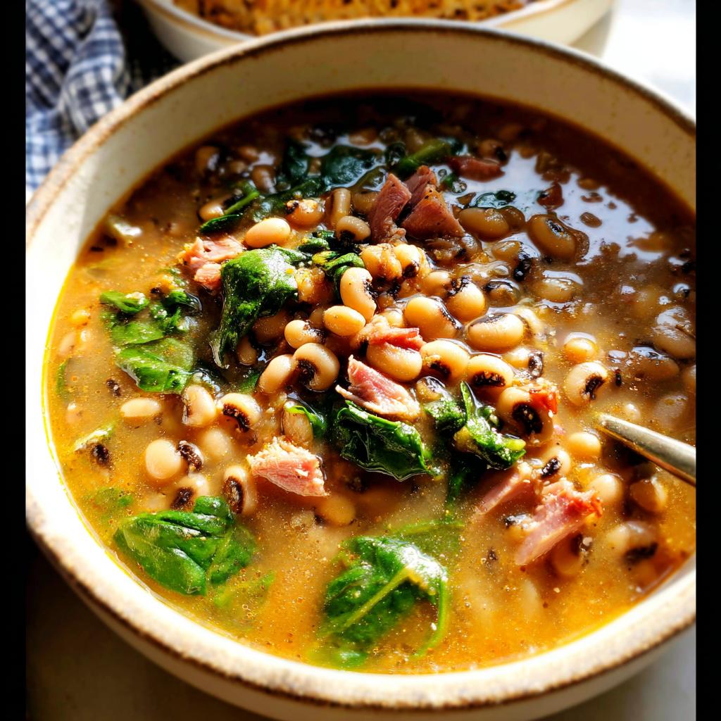 A close-up of a bowl of hearty black-eyed pea soup with chunks of ham and wilted greens.