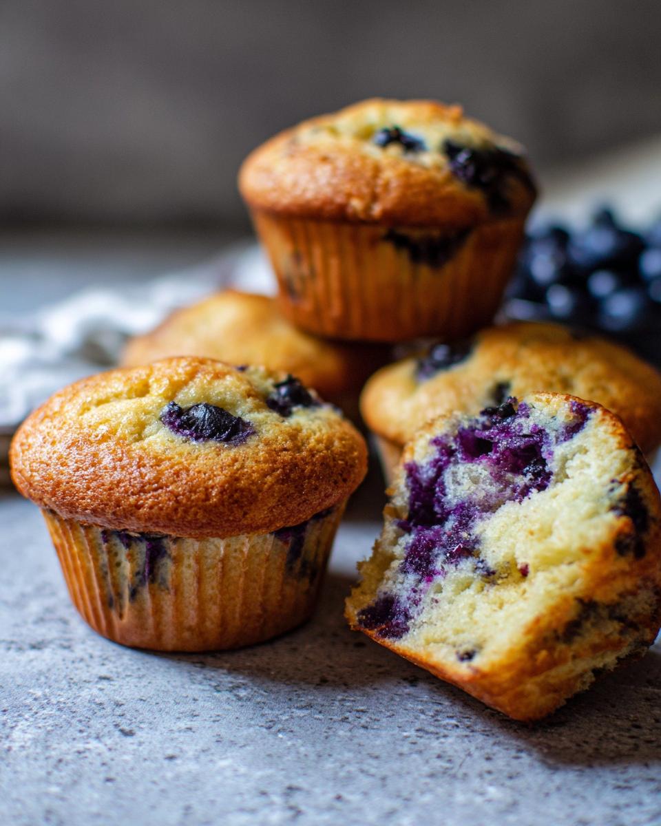 A close-up of delicious blueberry muffins, perfect for cake ideas recipes meal prep. One muffin is broken open to reveal juicy blueberries.