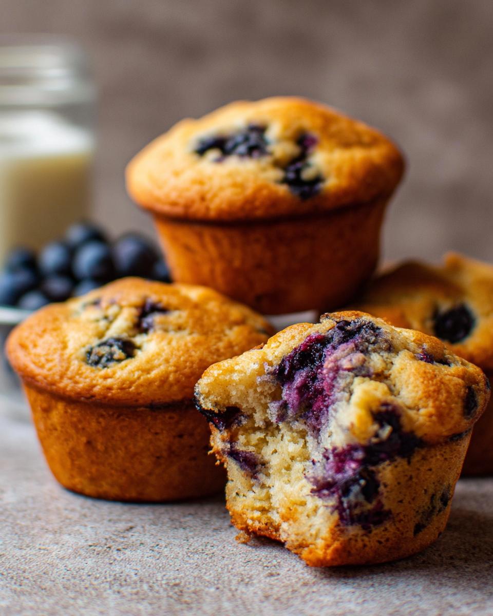 Close-up of delicious blueberry muffins, one with a bite taken out, showcasing the moist interior and juicy blueberries. Perfect for cake ideas, recipes, and meal prep.