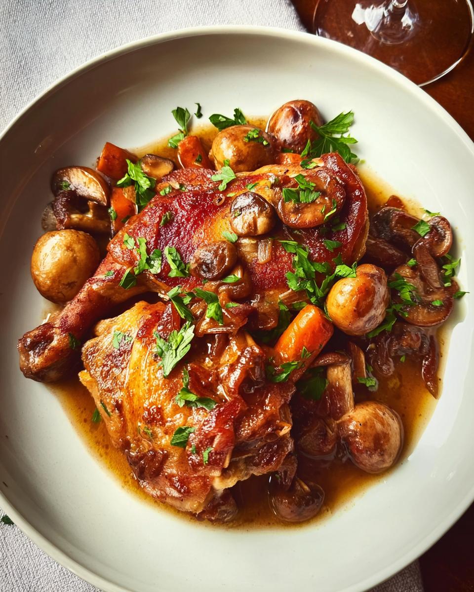 Close-up of braised chicken legs with mushrooms and carrots in a rich sauce, garnished with parsley.