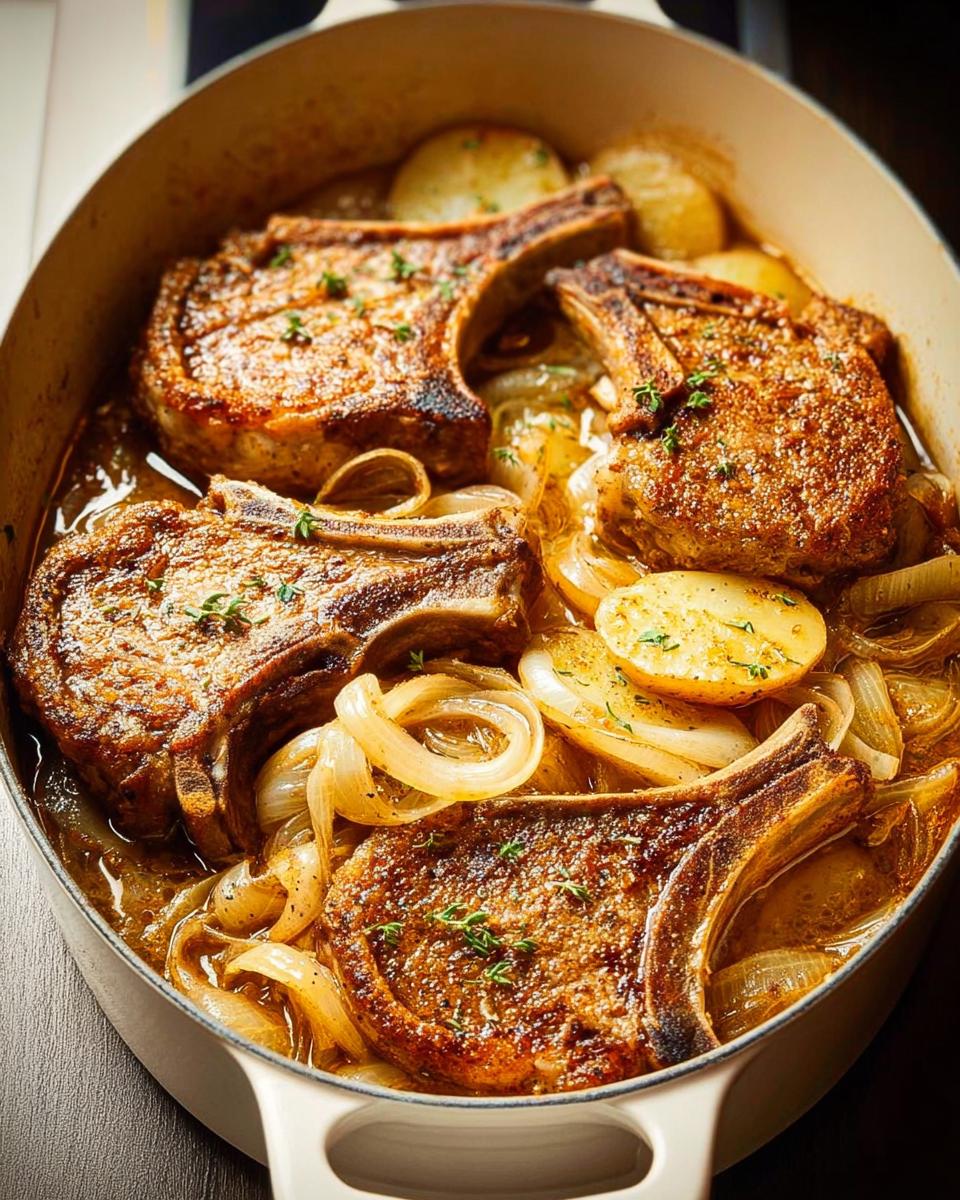 Close-up of braised pork chops with sliced potatoes and onions in a creamy sauce, garnished with herbs.