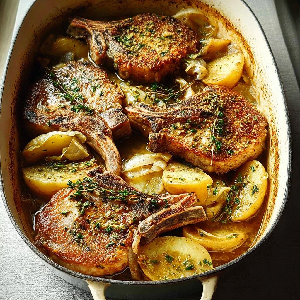 A close-up of braised pork chops with potatoes and onions in a baking dish, seasoned with herbs.