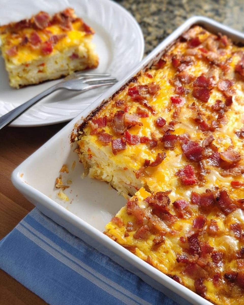 A slice of breakfast casserole with bacon and cheese, served on a white plate, with the rest of the casserole in a baking dish.