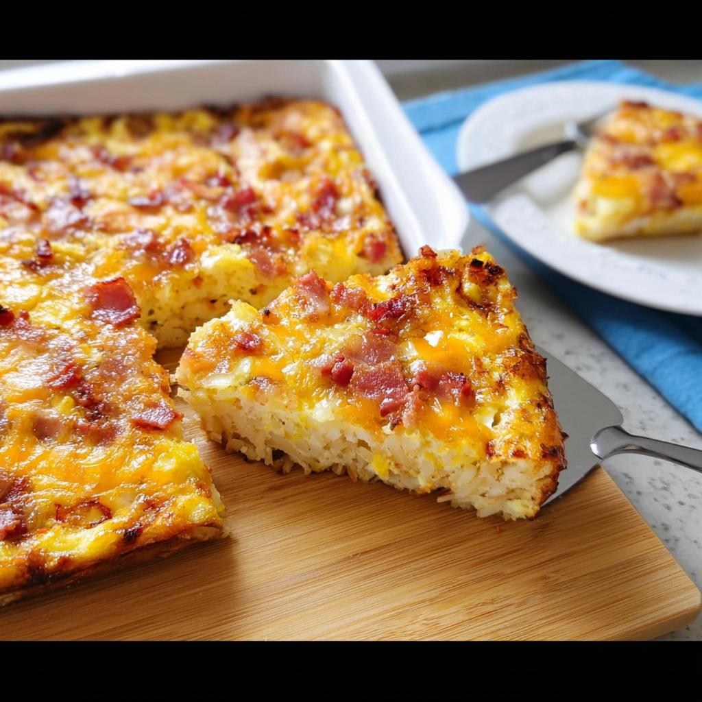 A slice of breakfast casserole with bacon and melted cheese, served on a wooden board. This is one of the best breakfast ideas recipes.