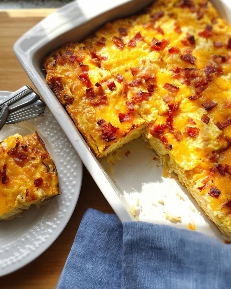 A hearty breakfast casserole with bacon and melted cheese, a slice served on a plate.
