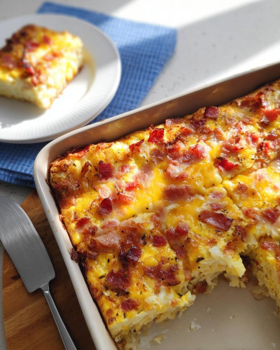 A close-up of a delicious bacon and egg breakfast casserole recipe, golden brown and topped with melted cheese.