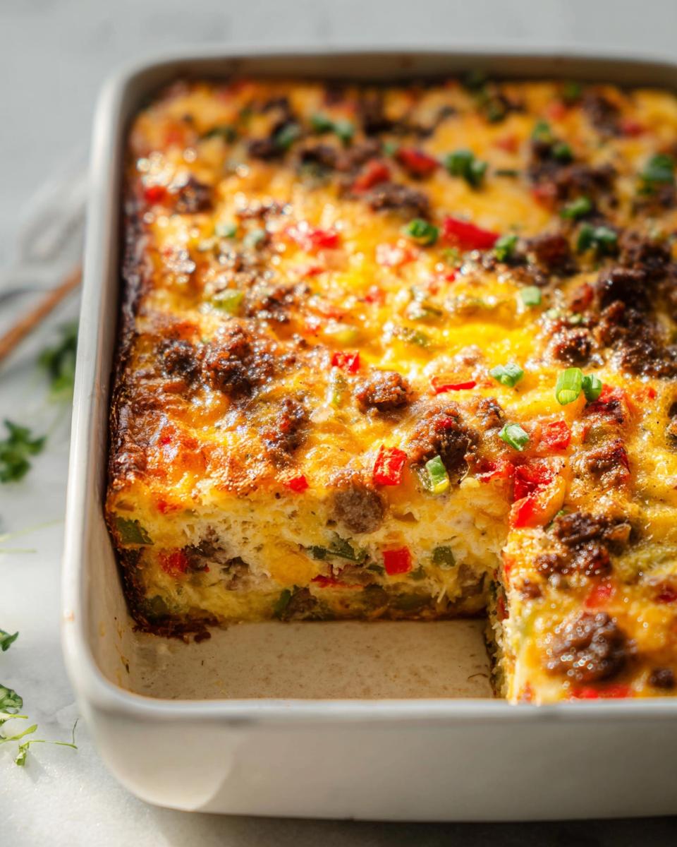 A hearty breakfast casserole with sausage, peppers, and cheese, perfect for meal prep.