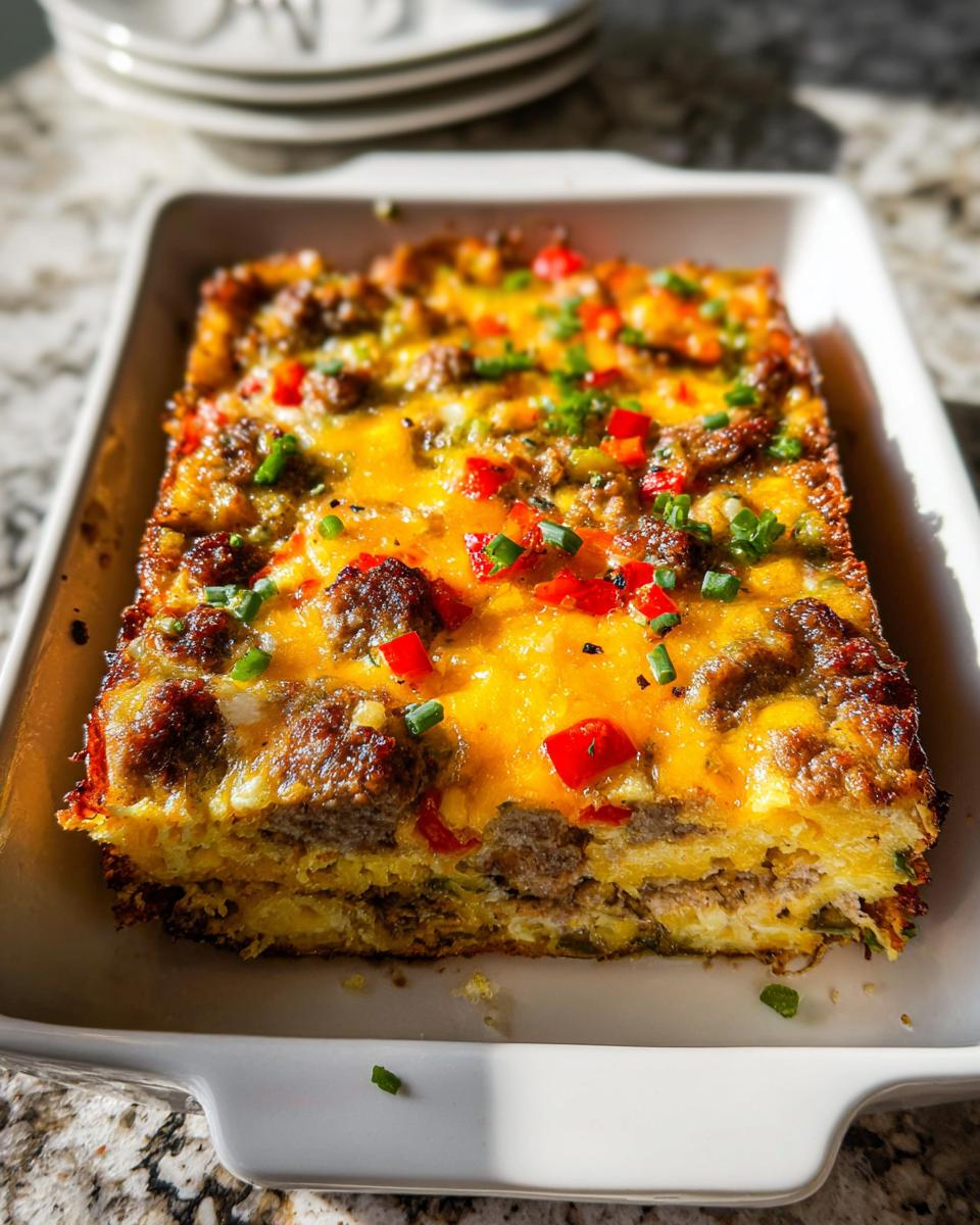 A delicious breakfast casserole with sausage, cheese, peppers, and chives, perfect for meal prep.