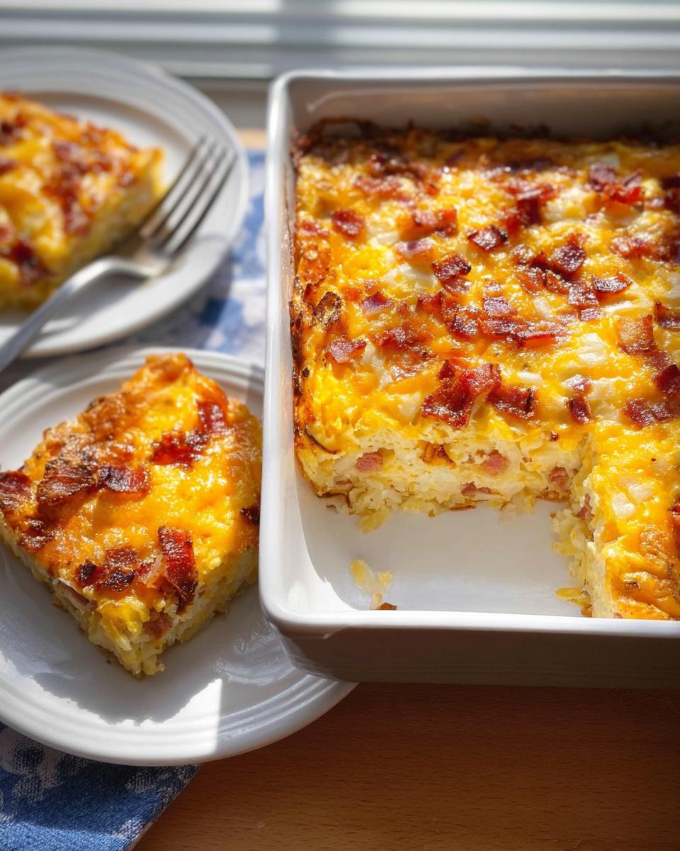 A hearty breakfast casserole with eggs, cheese, and bacon, served in a baking dish and on a plate.