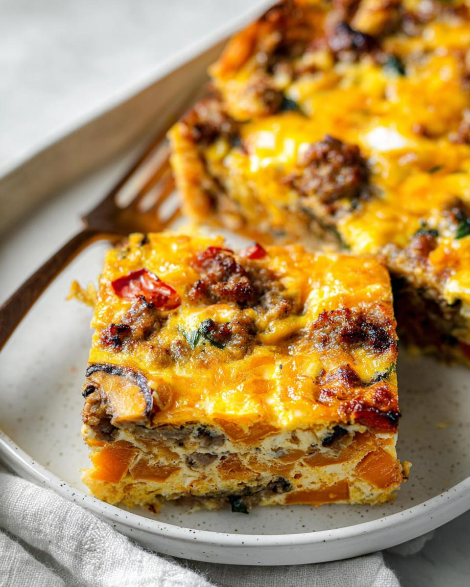 A slice of hearty breakfast casserole with sausage, butternut squash, and melted cheese, perfect for meal prep.